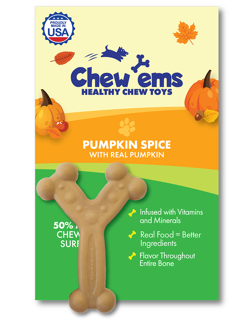 Chew'ems pumpkin spice flavored nylon dog chew toy for aggressive chewers, large size, made in the USA.