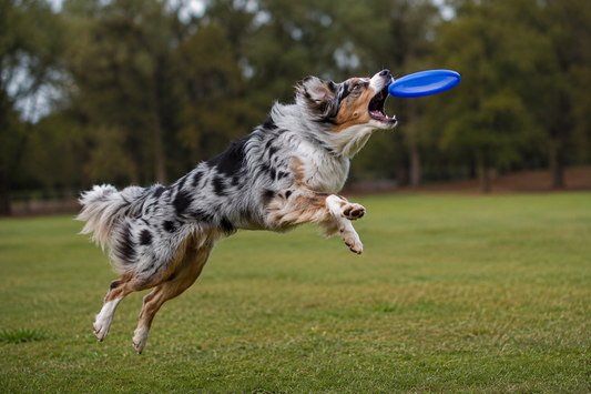 Australian Shepherd leaping for toy