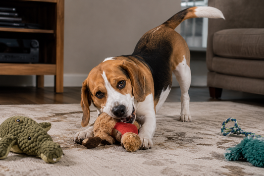 Beagle playing with dog toys on rug