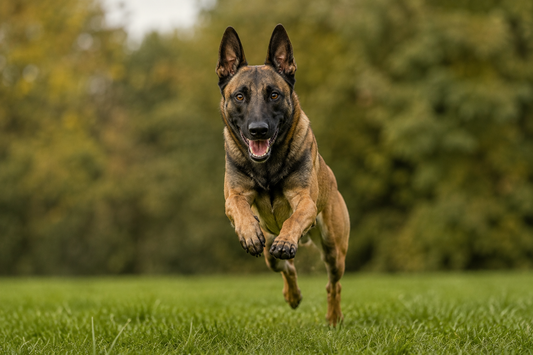Belgian Malinois agressively leaping