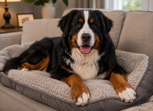 Bernese mountain dog lying on a couch