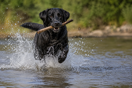 Black lab running through water with a stick