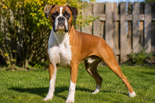 Boxer standing in a backyard in green grass