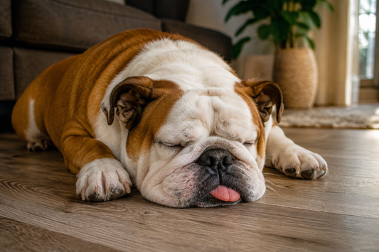 Bulldog sleeping on the floor