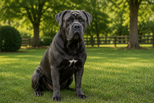 Cane Corso sitting on green shaded lawn.