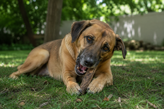 Dog Chewing on a stick in shady yard