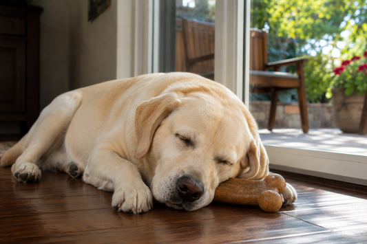 A calm Golden Retriever resting indoors during a hot summer day next to a durable dog chew toy.