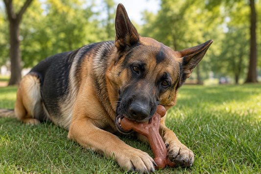 German Shephard chewing a dog chew toy on grass