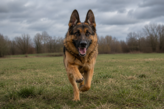 German shepherd running through a field