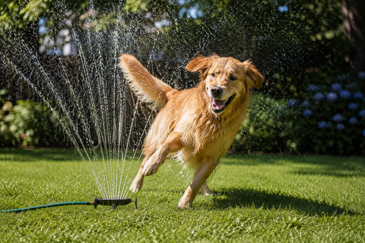 Golden retriever playing in water sprinkler