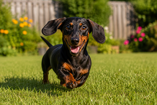 Happy dachshund running through yard