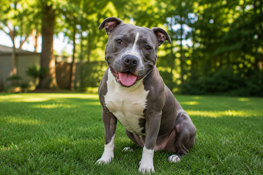 Pit bull sitting on grass in shaded yard