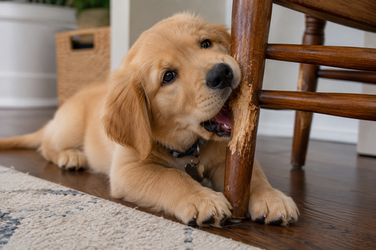 Golden retriever puppy chewing on a wooden chair leg.