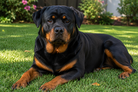 Rottweiler lying on grass in yard