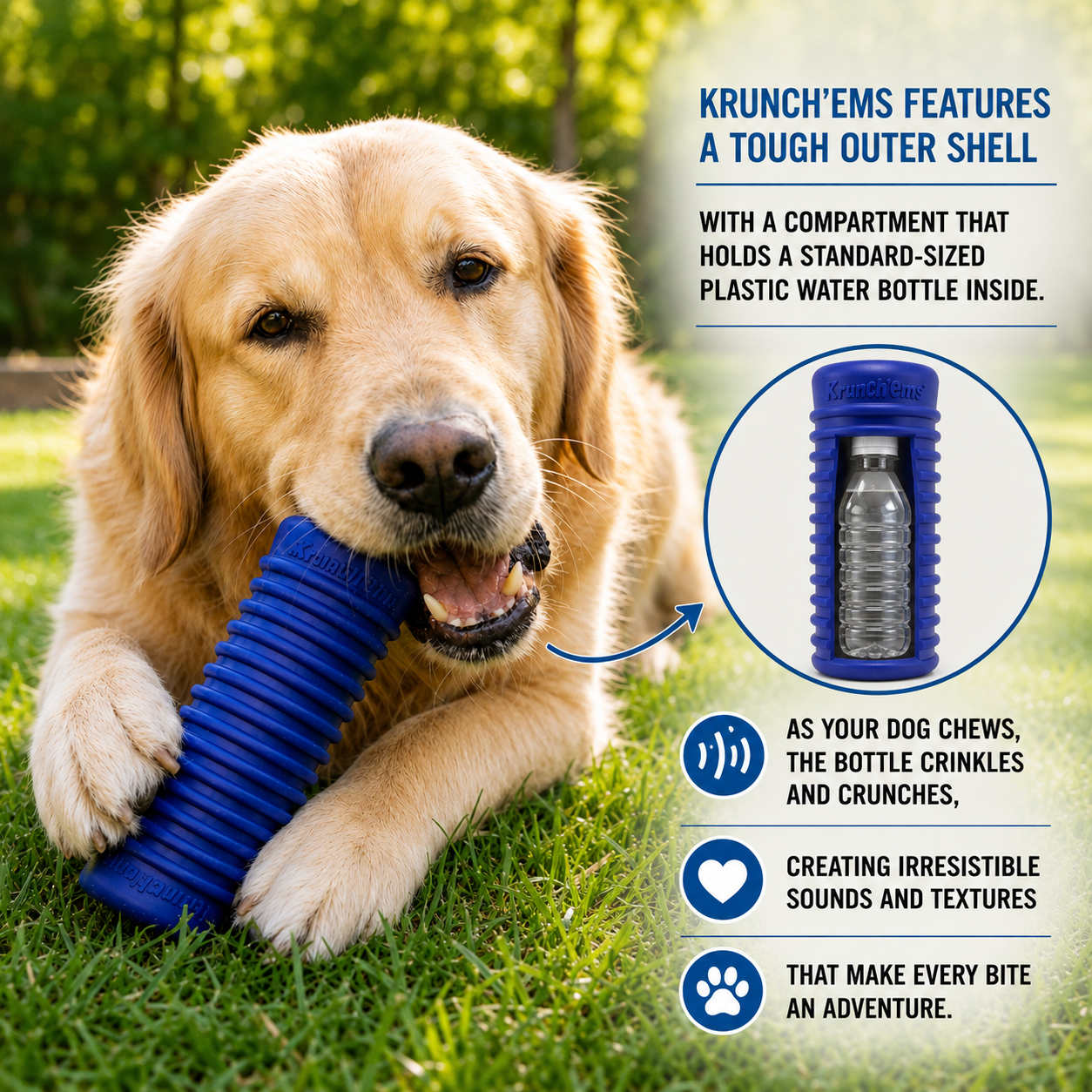 A bright blue Krunch'ems dog chew toy shown horizontally on a plain white background, highlighting its hollow, textured sleeve design where a standard plastic water bottle can be inserted.