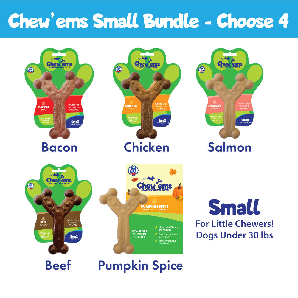 A selection of Small Chew'ems dog chew toys in five different flavors: Bacon, Chicken, Salmon, Beef, and Pumpkin Spice, designed for little chewers under 30 lbs.