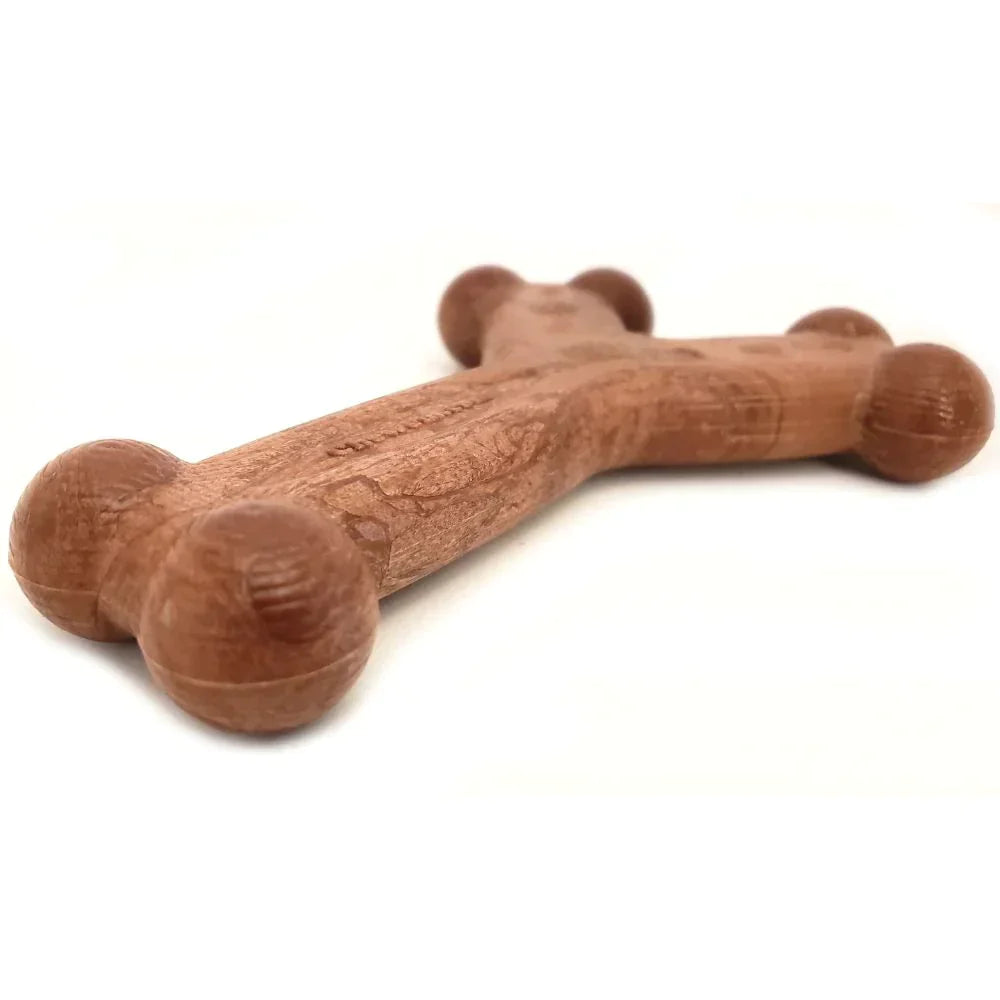 Close-up of a brown, bone-shaped Chew'ems bacon flavor dog chew toy on a white background