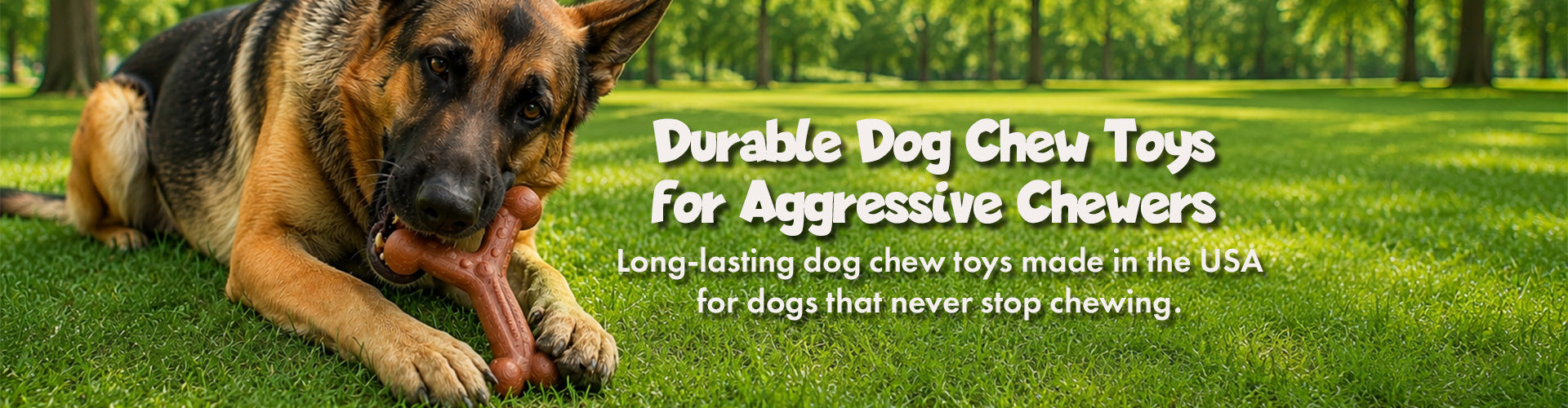 German Shepherd chewing a Chew'ems durable dog chew toy designed for aggressive chewers and long-lasting chewing fun made in the USA.