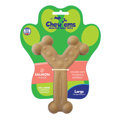 Chew'ems salmon flavored nylon dog chew toy for aggressive chewers, large size, made in the USA.