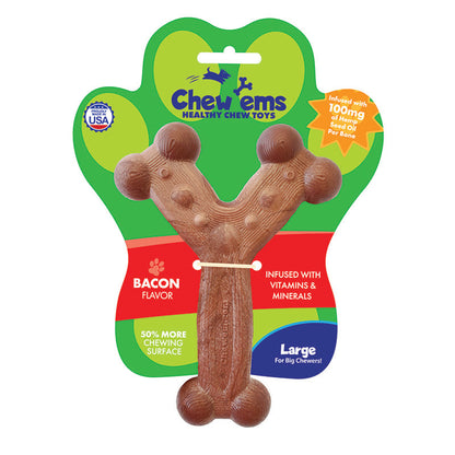 USA-made Chew'ems bacon dog toy for aggressive chewers, infused with vitamins, minerals, and hemp oil.