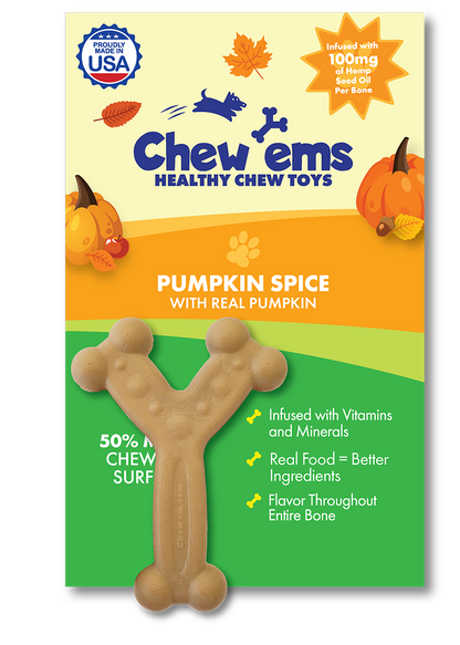 USA-made Chew'ems pumpkin spice dog toy for aggressive chewers, infused with vitamins, minerals, and hemp oil.