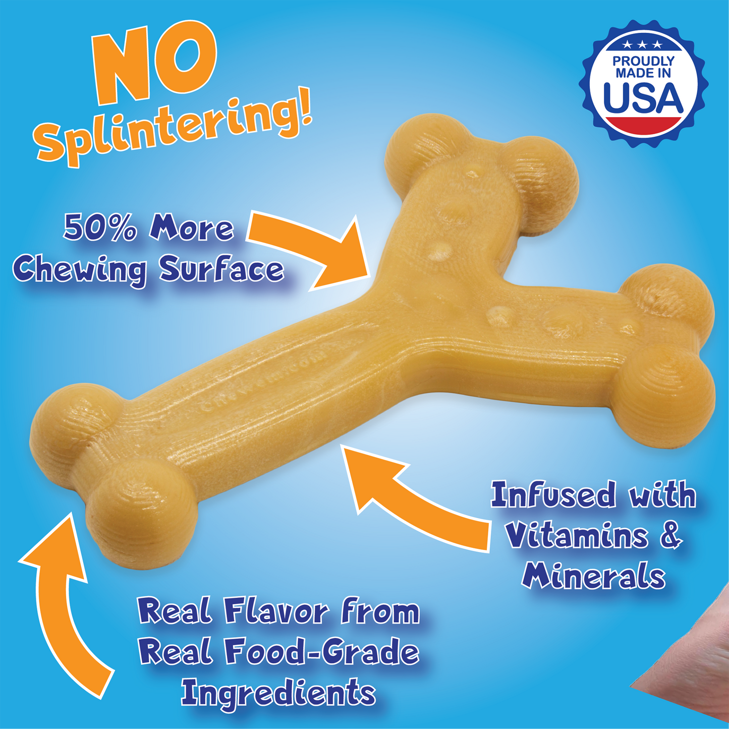 Infographic for Chew’ems durable dog chew toy highlighting benefits: no splintering, 50% more chewing surface, infused with vitamins and minerals, and real food-grade flavors.
