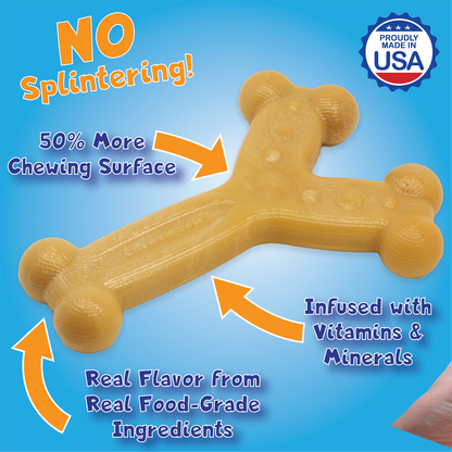 Infographic for Chew’ems durable dog chew toy highlighting benefits: no splintering, 50% more chewing surface, infused with vitamins and minerals, and real food-grade flavors.