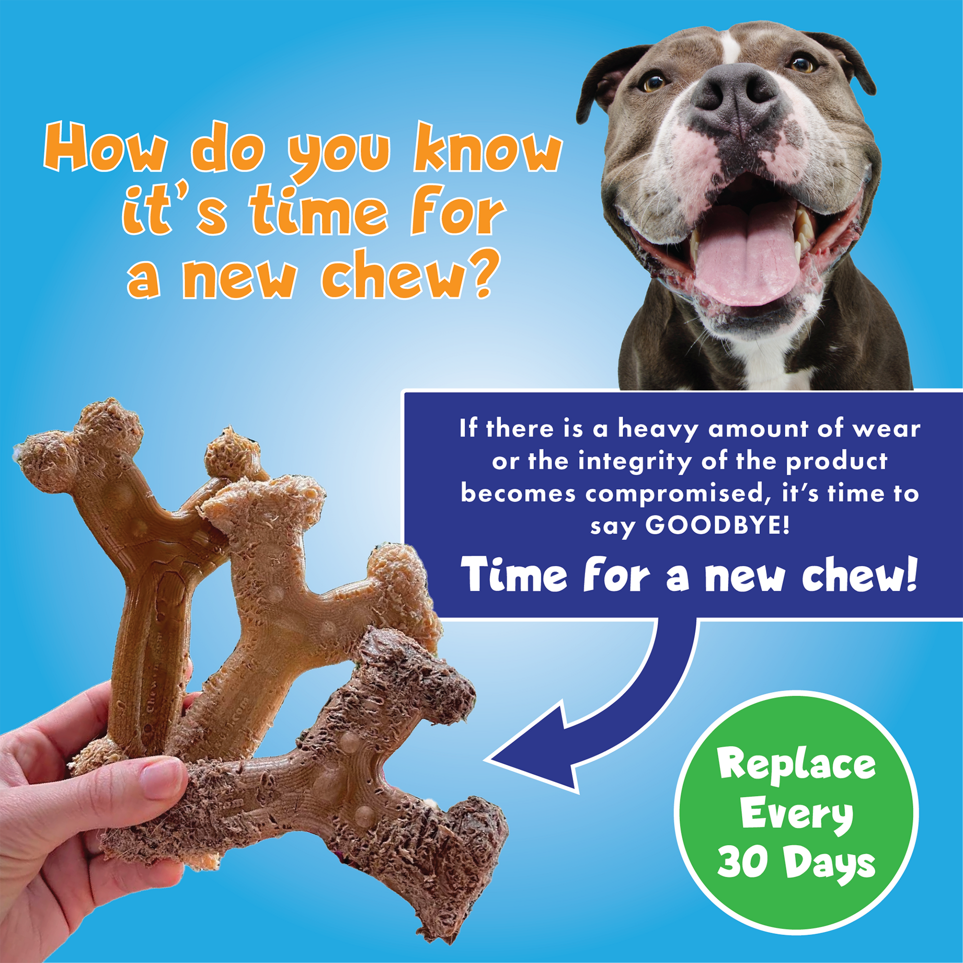 Infographic for Chew’ems dog chew toys explaining when to replace a worn toy, recommending replacement every 30 days or if the product's integrity is compromised.