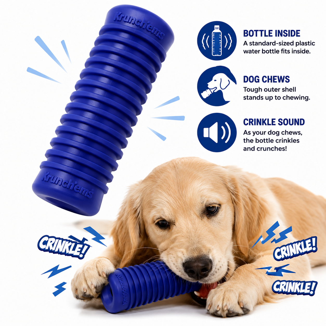 An infographic for the blue Krunch'ems dog chew toy. The top left shows a standalone blue, textured sleeve toy. The bottom shows a golden retriever lying down and biting a blue Krunch'ems toy, with comic-style 'CRINKLE!' text graphics around it. The top right features three circular icons with text explaining product benefits: 'BOTTLE INSIDE: A standard-sized plastic water bottle fits inside', 'DOG CHEWS: Tough outer shell stands up to chewing', and 'CRINKLE SOUND: As your dog chews, the bottle crinkles and