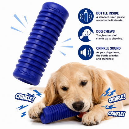 An infographic for the blue Krunch'ems dog chew toy. The top left shows a standalone blue, textured sleeve toy. The bottom shows a golden retriever lying down and biting a blue Krunch'ems toy, with comic-style 'CRINKLE!' text graphics around it. The top right features three circular icons with text explaining product benefits: 'BOTTLE INSIDE: A standard-sized plastic water bottle fits inside', 'DOG CHEWS: Tough outer shell stands up to chewing', and 'CRINKLE SOUND: As your dog chews, the bottle crinkles and