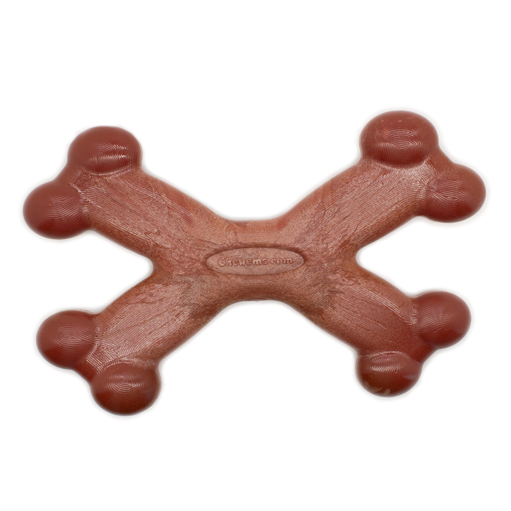 Large bacon-flavored Chew'ems X Bone dog chew toy featuring a unique four-pronged ergonomic shape for better grip.