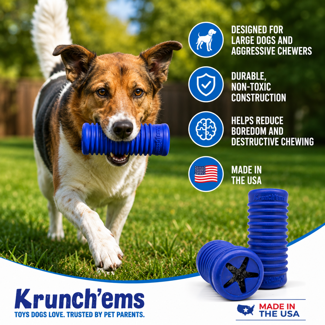 A happy, medium-sized brown and white dog running through a grassy field with a blue Krunch'ems chew toy in its mouth. The right side of the image displays product features with icons: 'Designed for Large Dogs and Aggressive Chewers', 'Durable, Non-Toxic Construction', 'Helps Reduce Boredom and Destructive Chewing', and 'Made in the USA'. Additional blue Krunch'ems toys are pictured at the bottom right next to the brand logo.