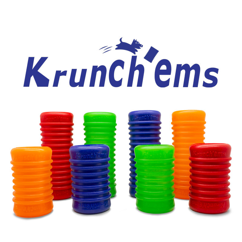 Krunch'ems colorful water bottle dog toys for interactive and crinkly playtime fun.