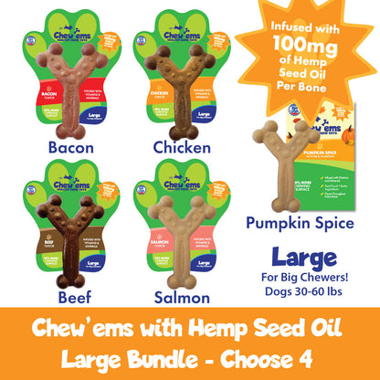 A promotional image featuring four Large Chew'ems dog chew toys in various flavors including Bacon, Chicken, Beef, and Salmon, with an additional Pumpkin Spice option highlighted. Each toy is infused with hemp seed oil, and the image indicates that the toys are suitable for big chewers, weighing 30-60 lbs.