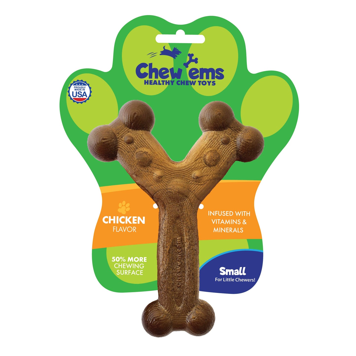 Chew'ems chicken flavored nylon dog chew toy for aggressive chewers, small size, made in the USA.