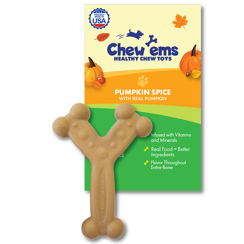 Chew'ems pumpkin spice flavored nylon dog chew toy for aggressive chewers, large size, made in the USA.