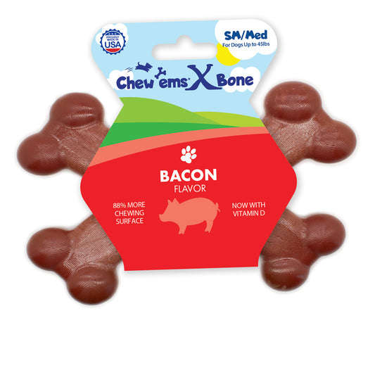 Dog chew treat with 'Chew'ems X Bone' packaging on a white background